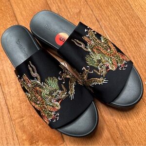 Bebe Black and Gold Embroidered Dragon Slide Sandals